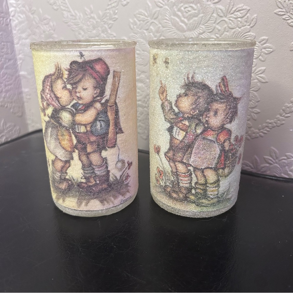 Vintage Danish Hummel Inspired Sugared Glass Candle holder pair